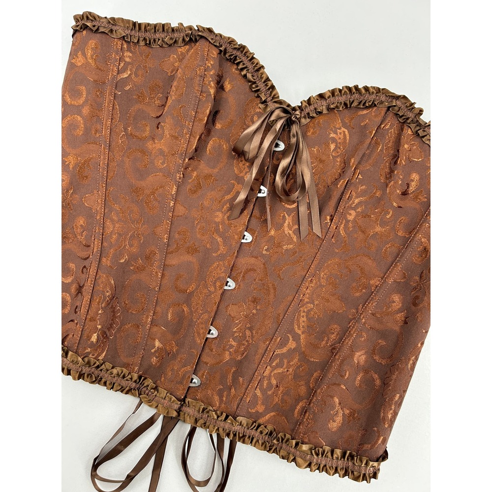 Brown Damask Corset Top Ruffle Trim Lace Up Back Victorian Large